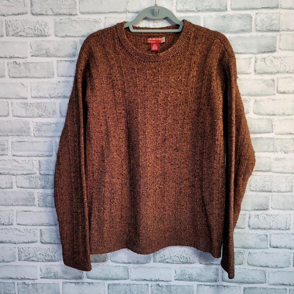 Vintage 90s Guess Size L Brown Ribbed Knit Pullover Sweater Long Sleeve